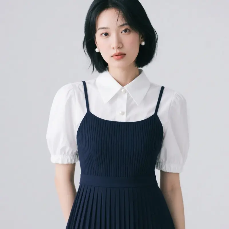 顯瘦假兩套短袖連衣裙